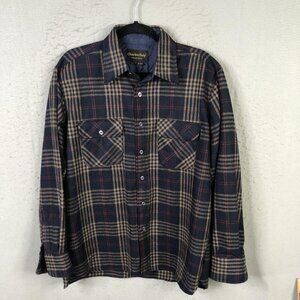 Vintage Charles Daly Shirt Jacket Mens Large Navy Tan Plaid Wool Shacket 90s